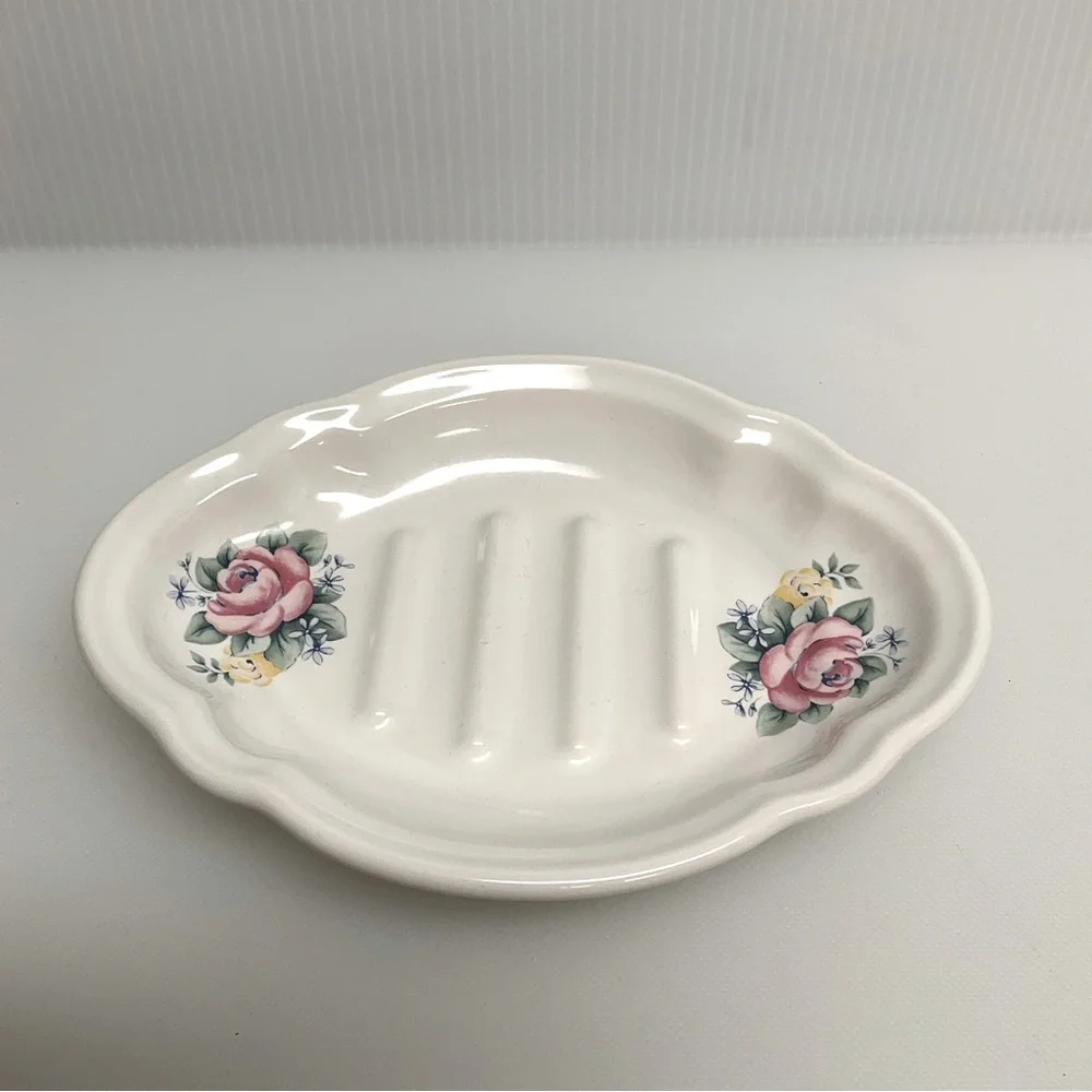 vtg PFALTZGRAFF Tea Rose Soap Dish Porcelain Roses Ridges 1989 Off White Pink
